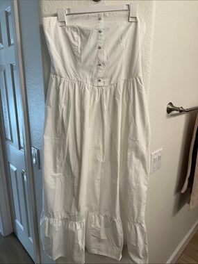 White Strapless Midi Dress with Button Detail